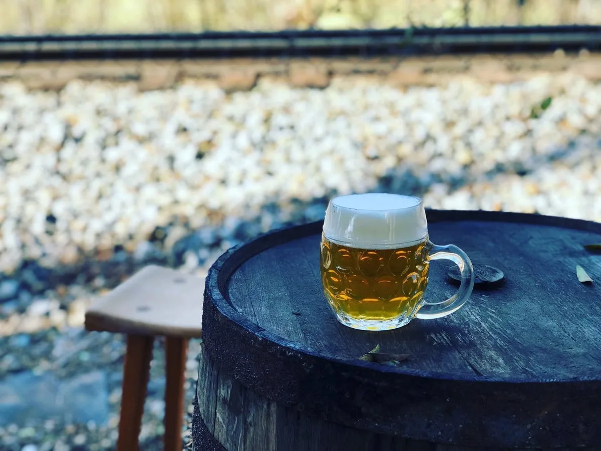 Craft Beer in front of the train tracks at Depot Street Brewing in Jonesborough TN 
