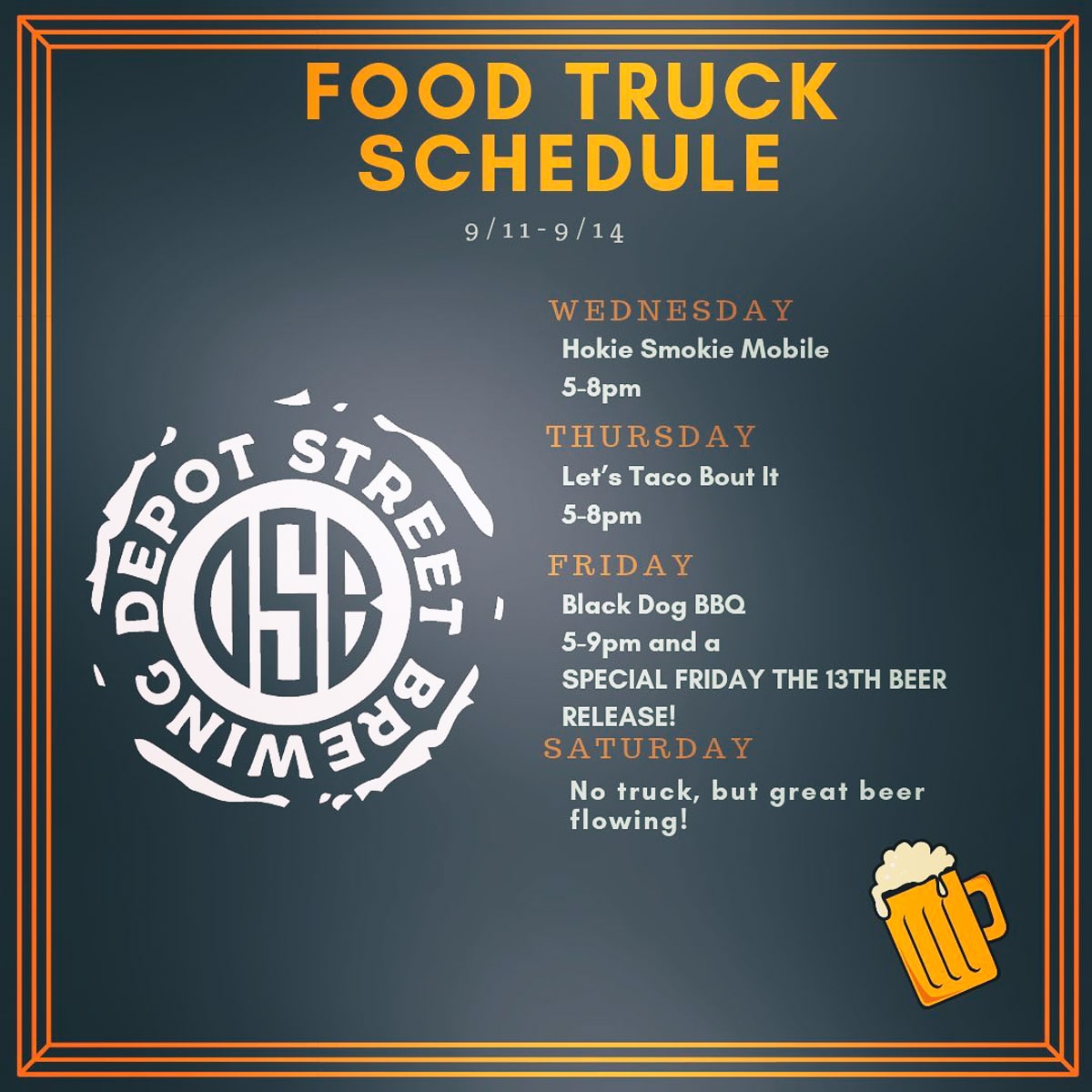 Depot Street Brewing food truck schedule for different days of the week posted on facebook and instagram
