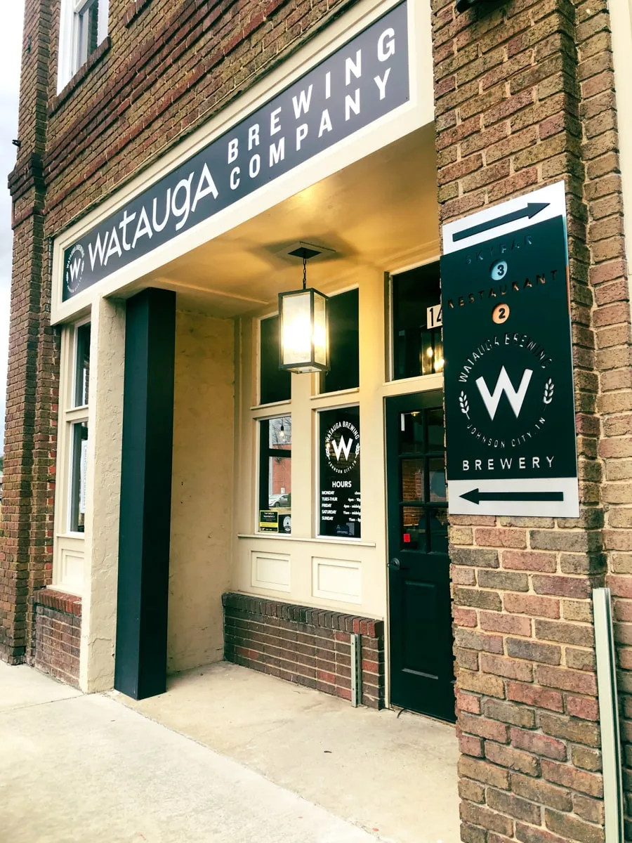 Main entrance showing all three levels at Watauga Brewing company 