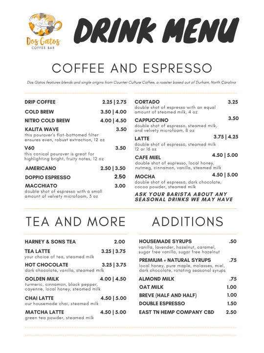 Dos Gatos coffee bar menu 