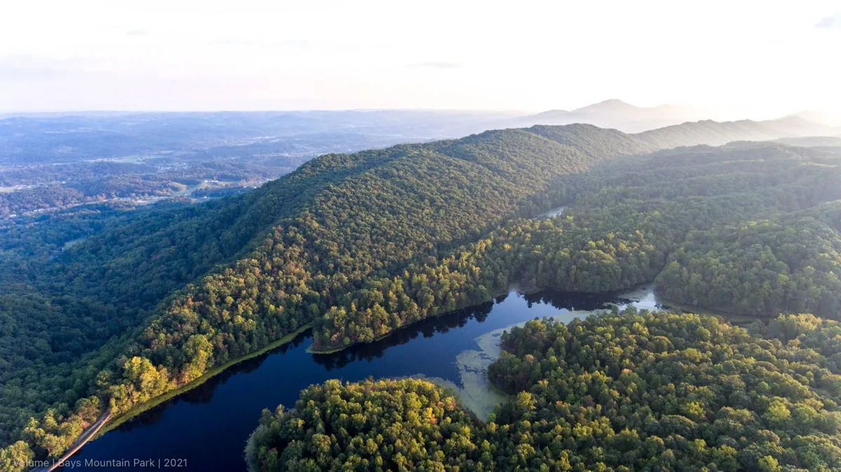 Overhead view of Bays Mountain Park and lake 