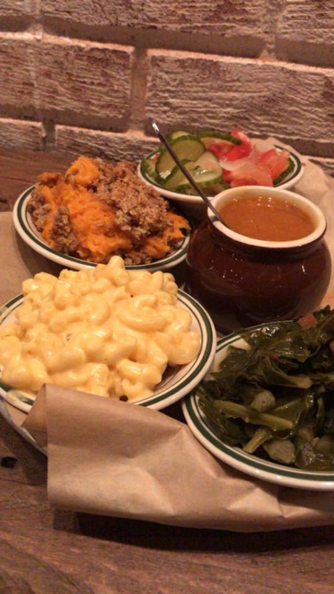 Macaroni, collard greens, sweet potato souffle, bbq baked beans - all sides from Southern Craft BBQ 