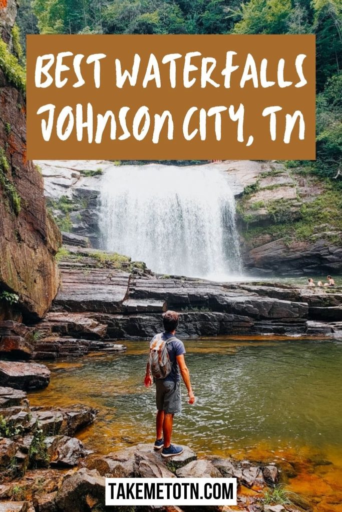 Hiker at Compression Falls in TN, image with text overlay "Best Waterfalls Johnson City, TN" on brown background