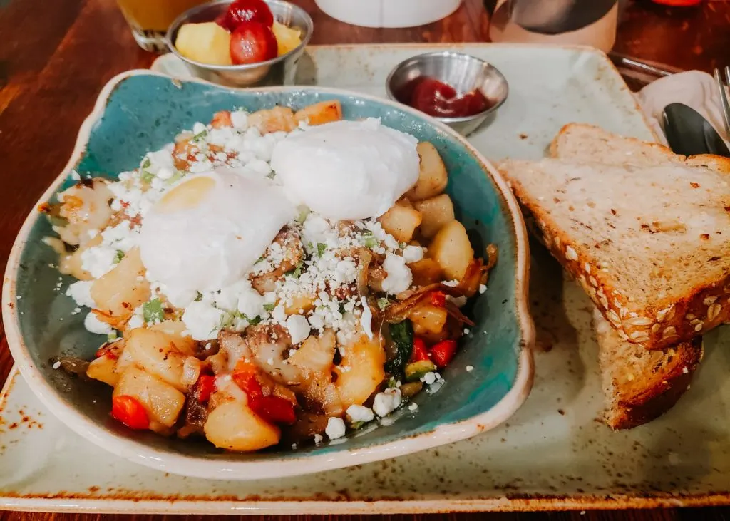 Hash brown bowl with eggs and toast for breakfast at First Watch Daytime Cafe in Johnson City, TN