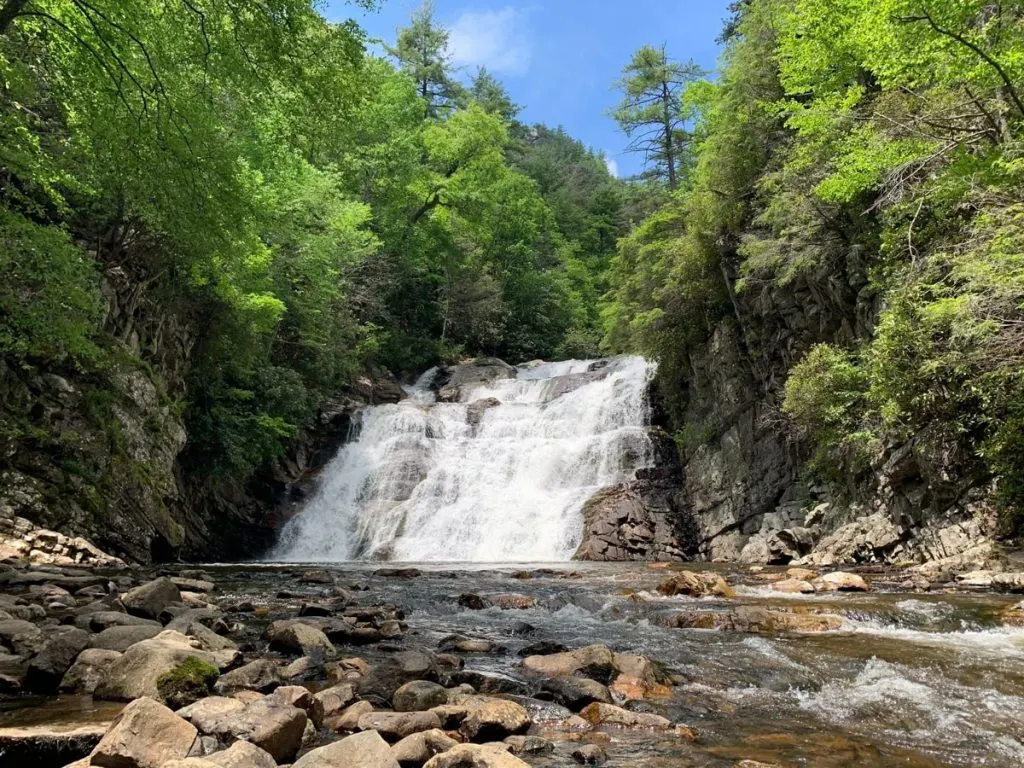 roaring waterfall with wide white falls at Laurel Falls in tn