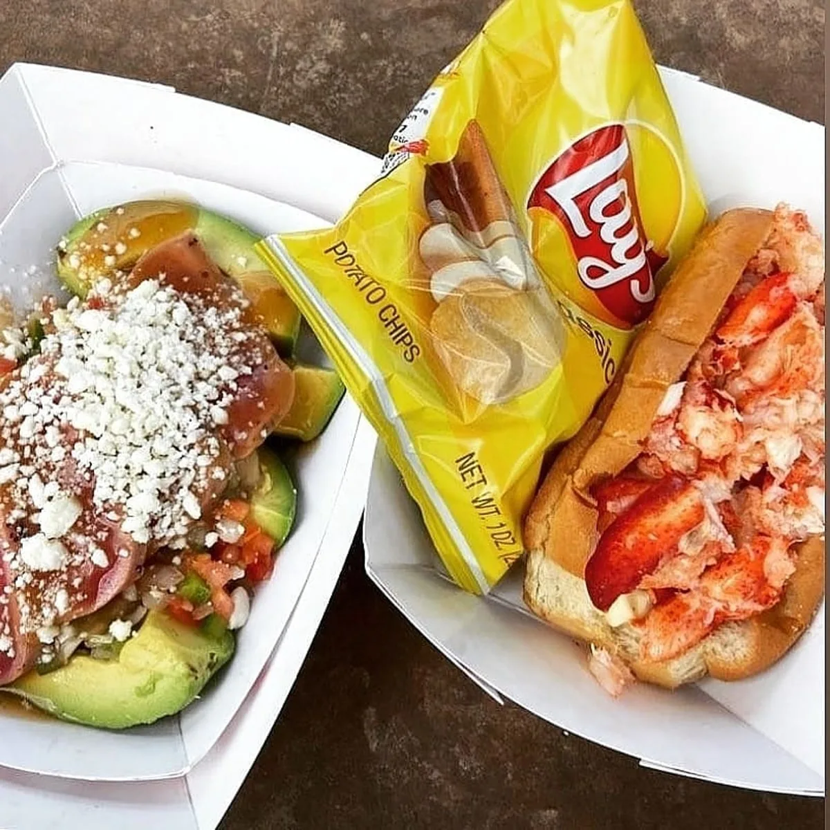 stuffed avocado and lobster roll from lobster dogs food truck 