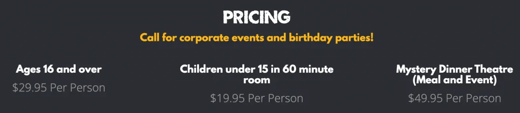 Screenshot of pricing table for escape room games