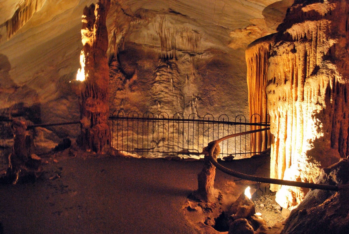 the inside of the bristol caverns with lights
