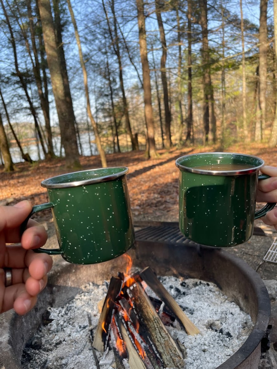 People drinking coffee at the Lost Oak Campground on the South Holston Lake 