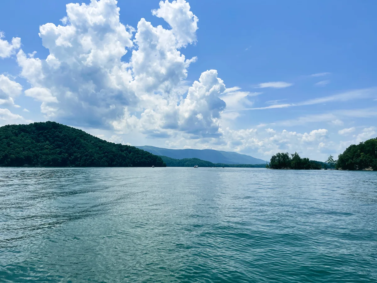 South Holston lake view with boats and the cherokee national forest in the background 