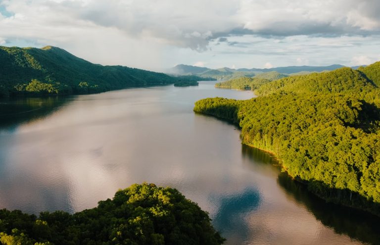 Aerial view of Watauga Lake near Johnson City, TN at sunset.