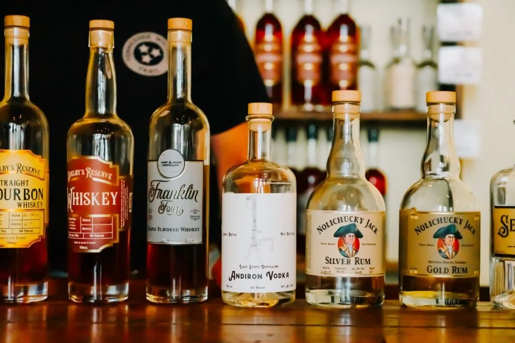 Bottles of whiskey and bourbon at Lost State Distilling in Bristol TN/VA.