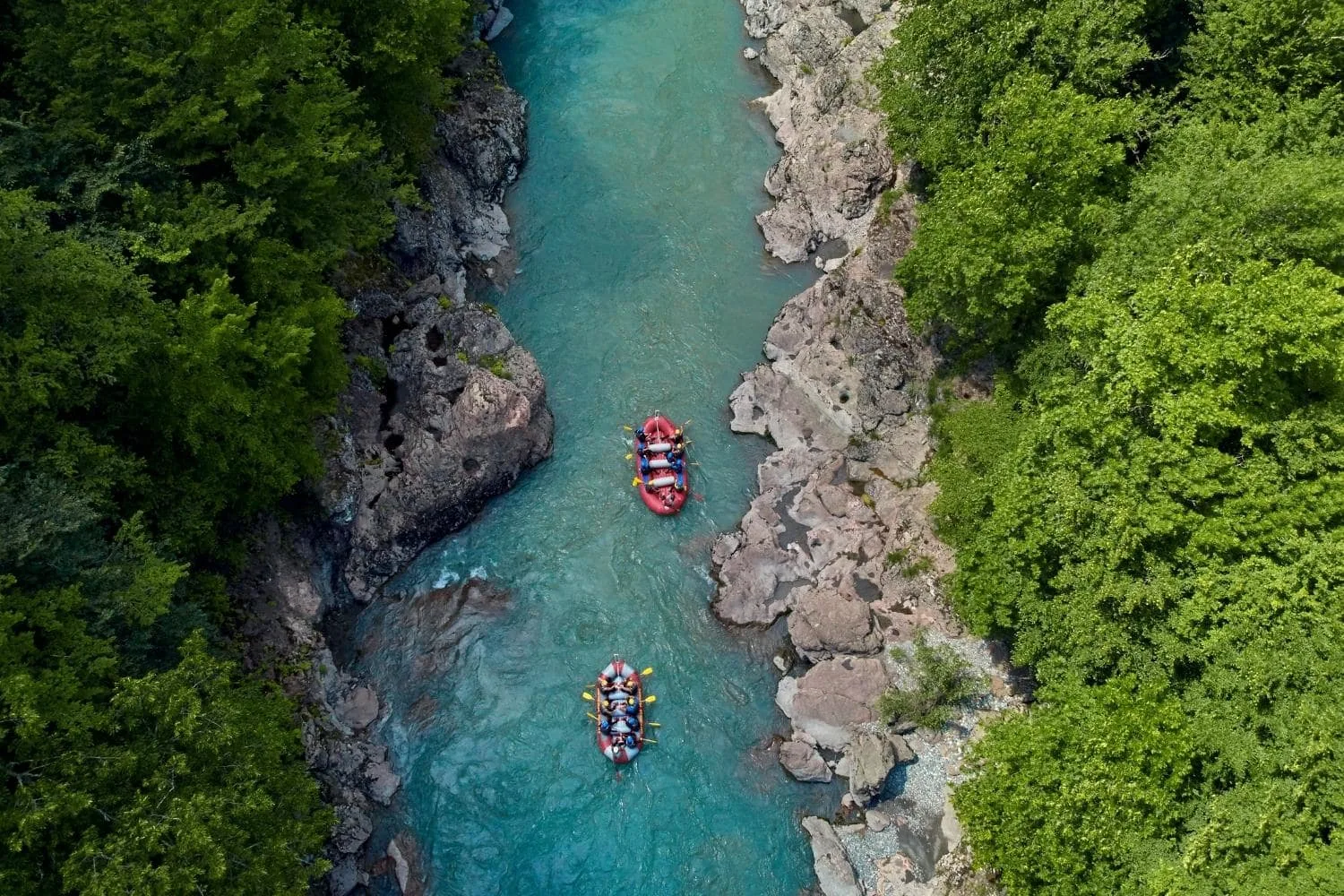 People going white water rafting down a river