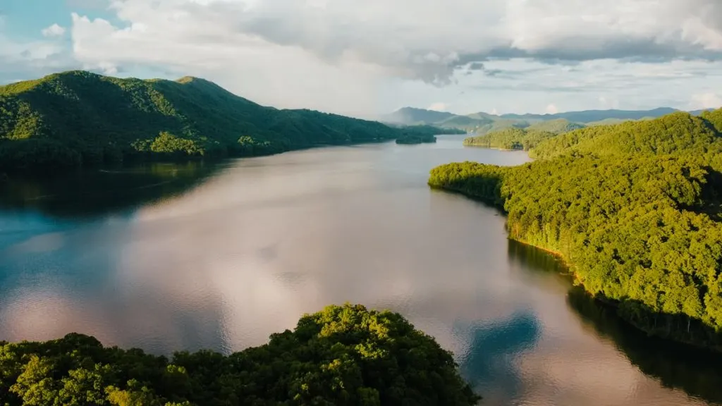 Aerial view of Watauga Lake near Johnson City, TN at sunset.