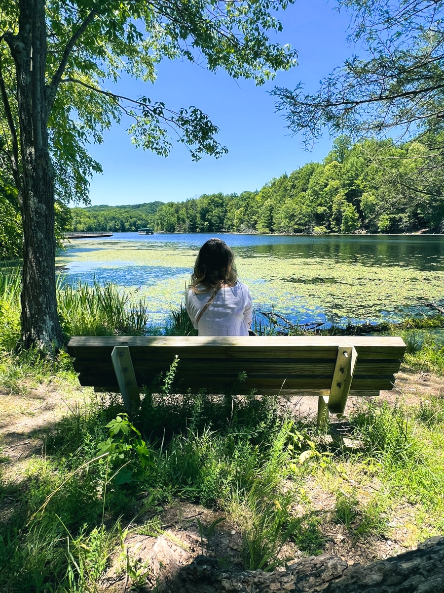 woman sitting on bench at bays mountain park overlooking the water