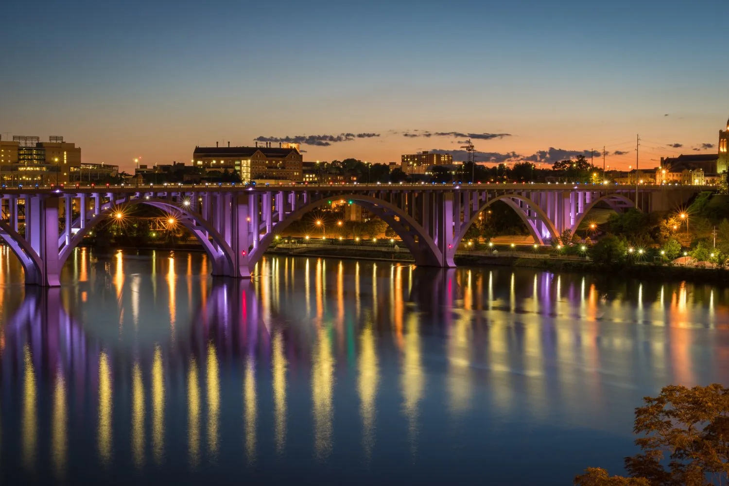 Henley Bridge in Knoxville Tennessee at night with lights