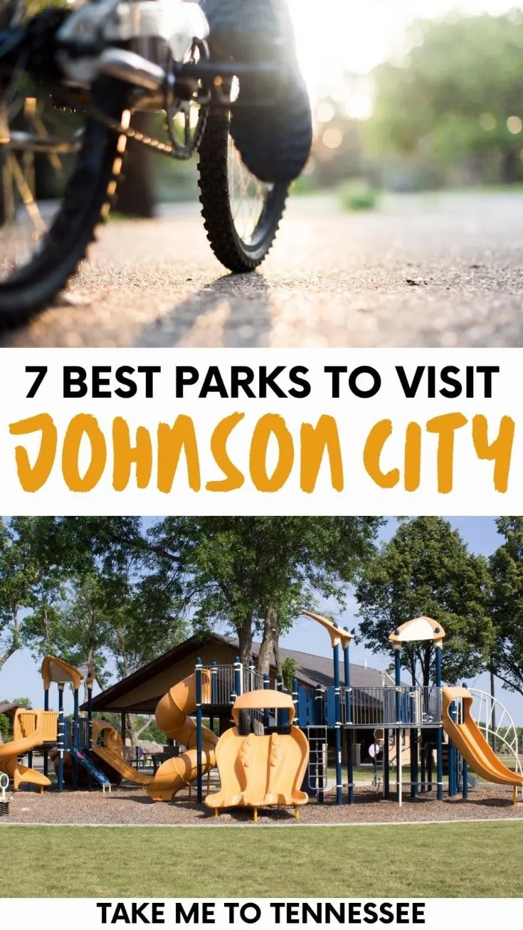 Gallery of person biking and children's playground with text overlay, "7 Best Parks to Visit Johnson City"