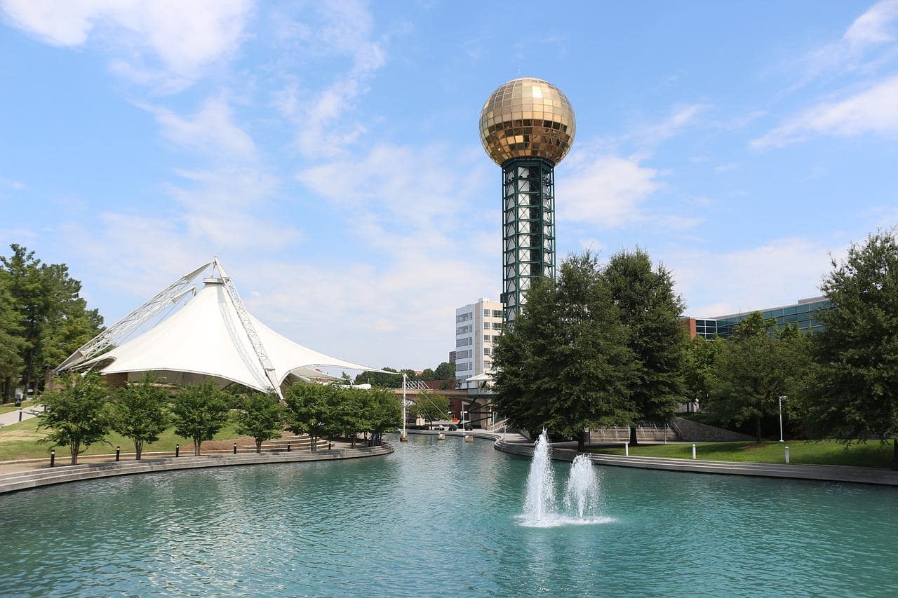 the the sunsphere in front of the lake in knoxville tn 