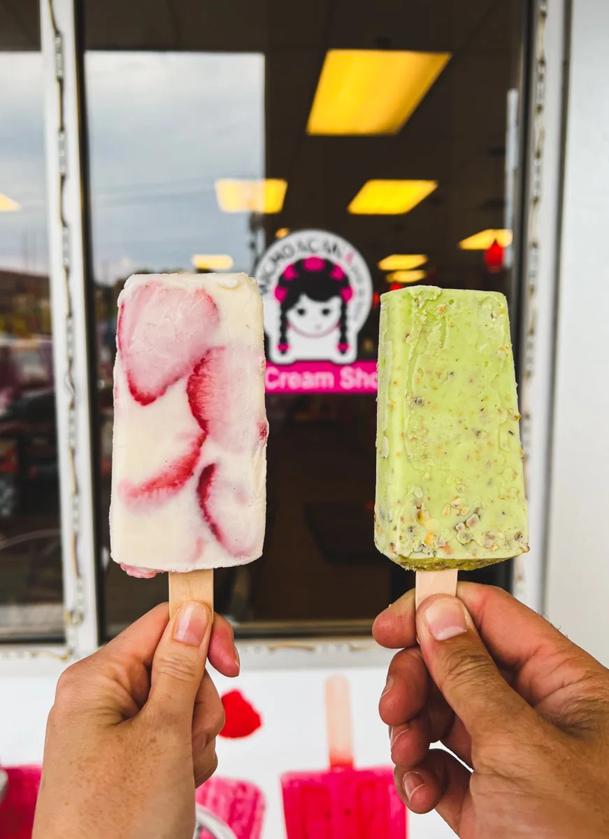 Strawberry Cream and Pistachio Paletas from La Michoacana 