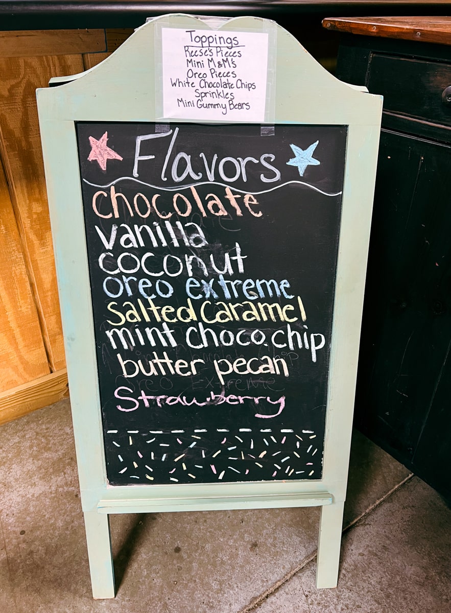Sign with ice cream flavors at Scotts Farm Market in Unicoi 