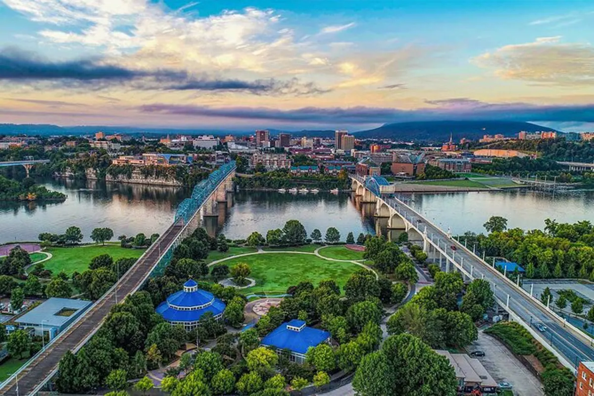 View of Downtown Chattanooga and the Walnut Street Bridge from a Private helicopter tour