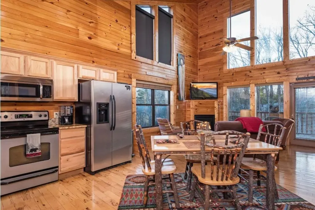 Inside the kitchen of a cozy cabin in Gatlinburg TN