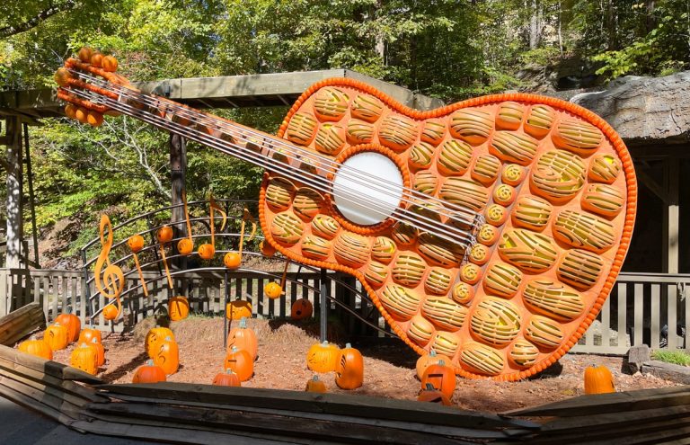 Pumpkin guitar on display at Dollywood Harvest Festival in Tennessee.