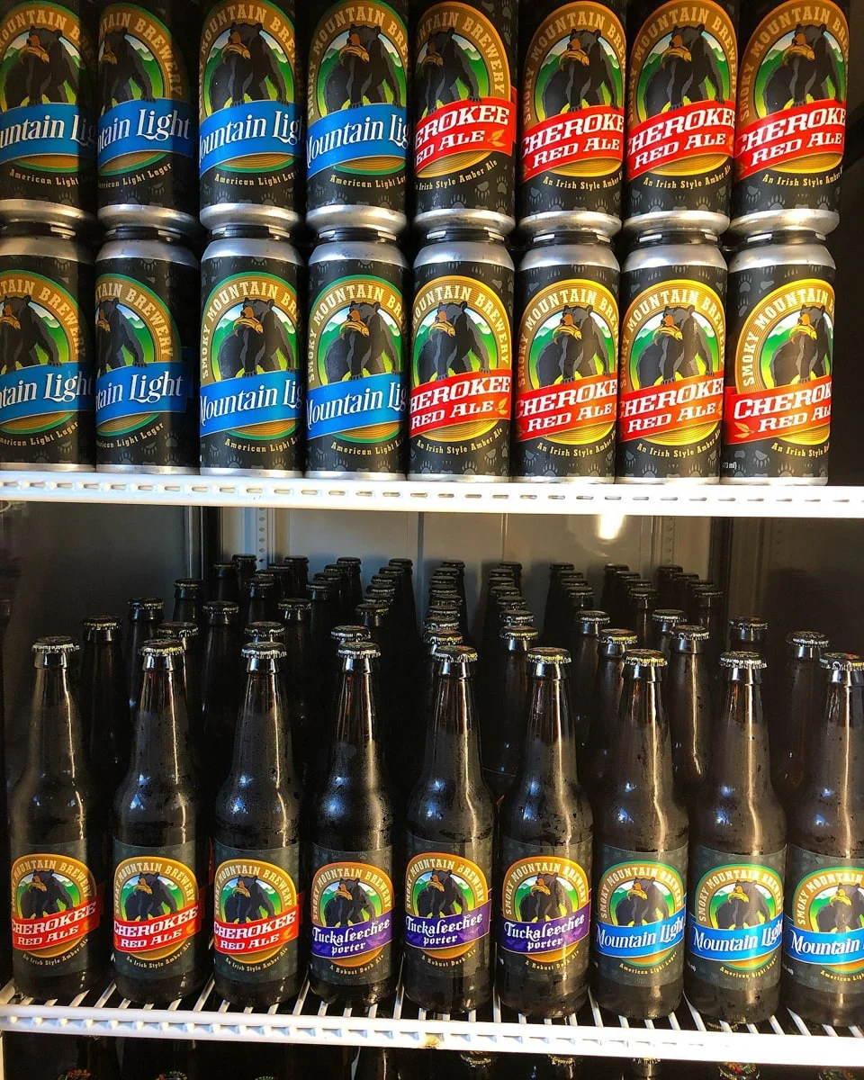 Smoky Mountain Brewery cooler with canned and bottled beers