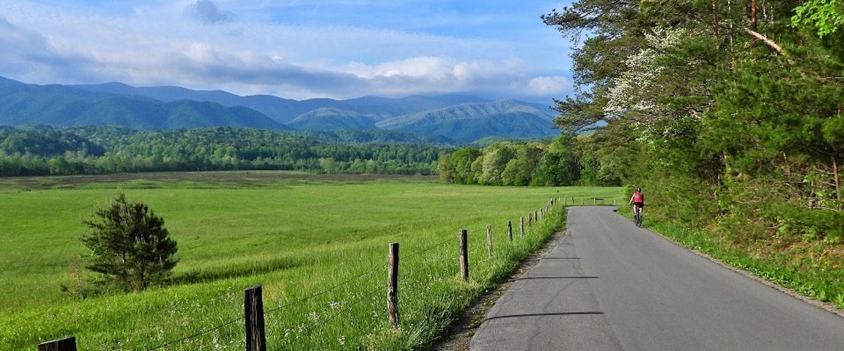 Person riding a bike on the  cades cove loop near pigeon forge, TN 