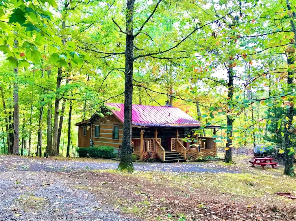 a cozy cabin in the woods with a red tin roof and red picnic table for cabins in Pigeon Forge TN