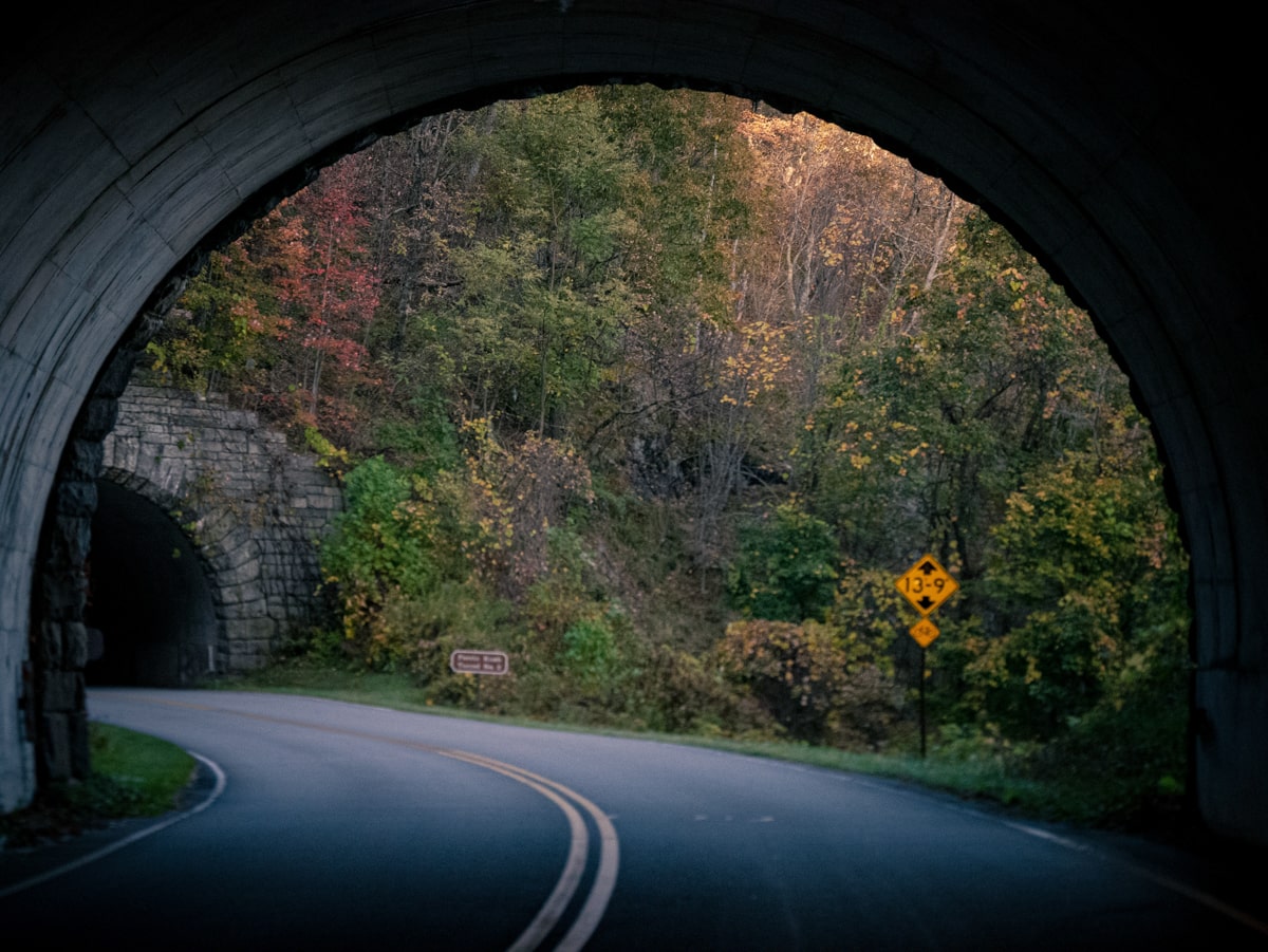 Blue Ridge Parkway with tunnels and trees