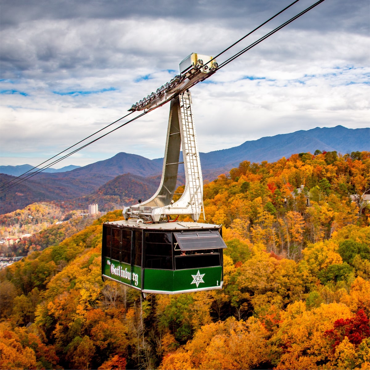 People riding the Ober Gatlinburg Aerial Tramway over beautiful fall colored trees in the smoky mountains