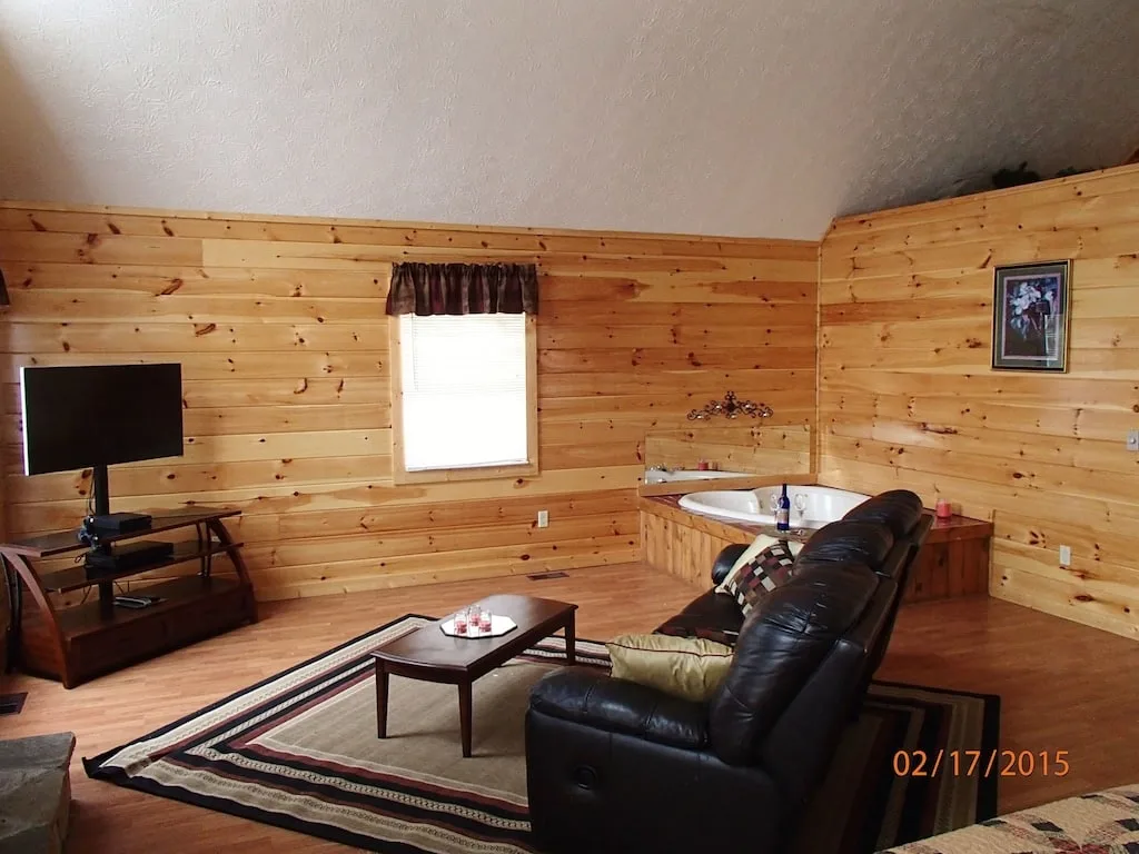 Inside a wooden cabin with tv, leather sofa, and heart-shaped soaker tub. 