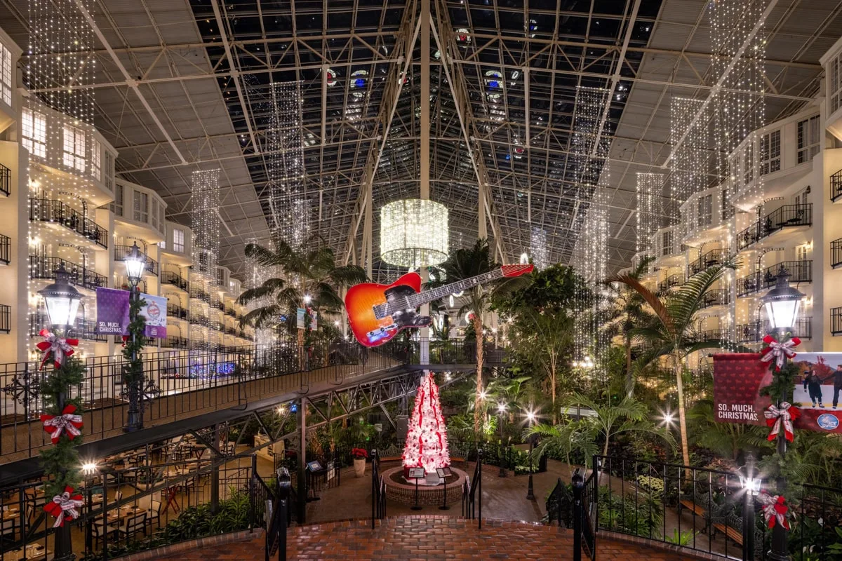A country Christmas at the Gaylord Hotel in Nashville TN with trees and string lights