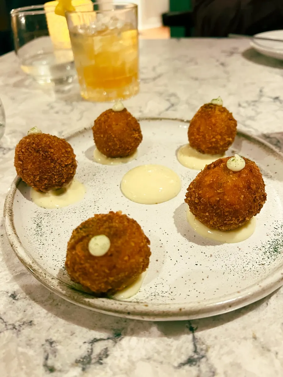 Chicken Pot Pie Croquets topped with garlic aioli