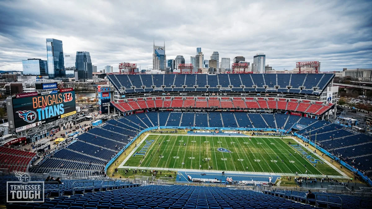 Nissan Stadium in Nashville with the skyline in the background