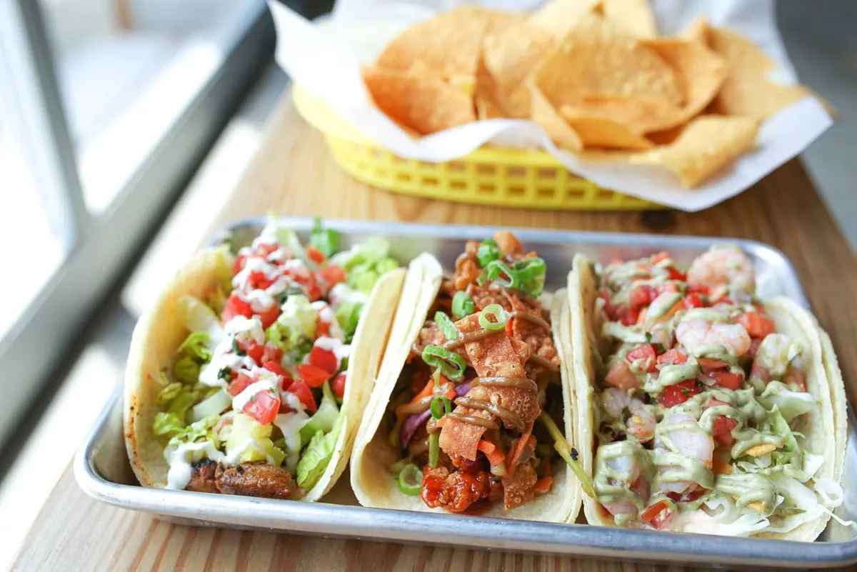 Three tacos from white duck taco shop in Greeneville SC 