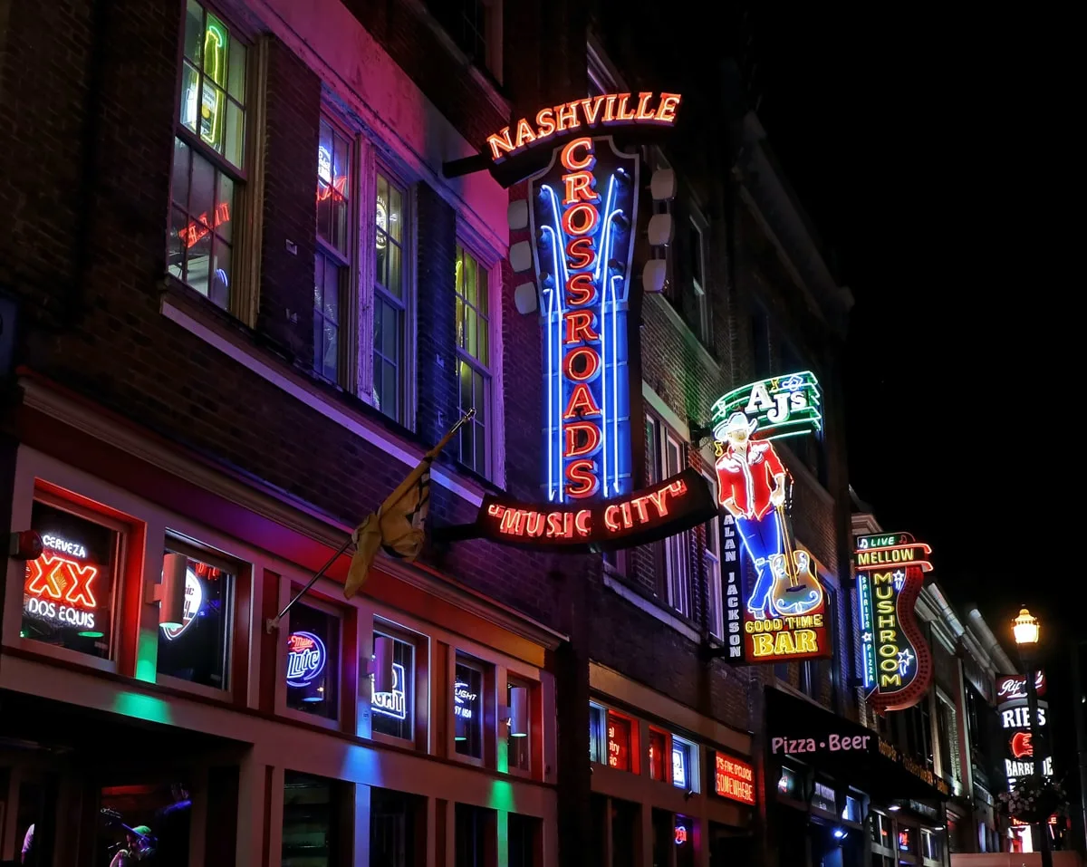 downtown nashville with honky tonks lining the street 