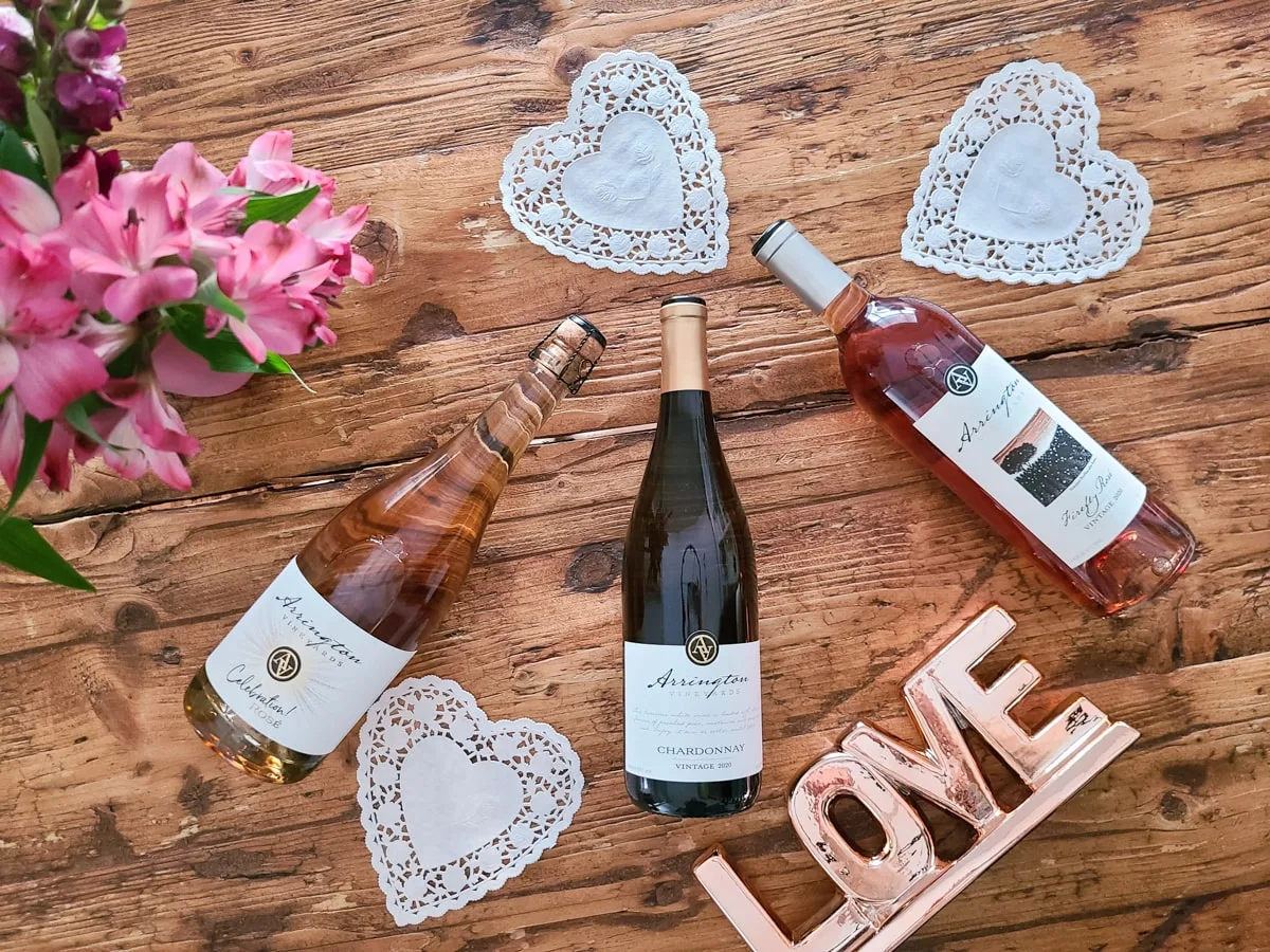 Wine with hearts and love sign for valentines day at Arrington Vineyards