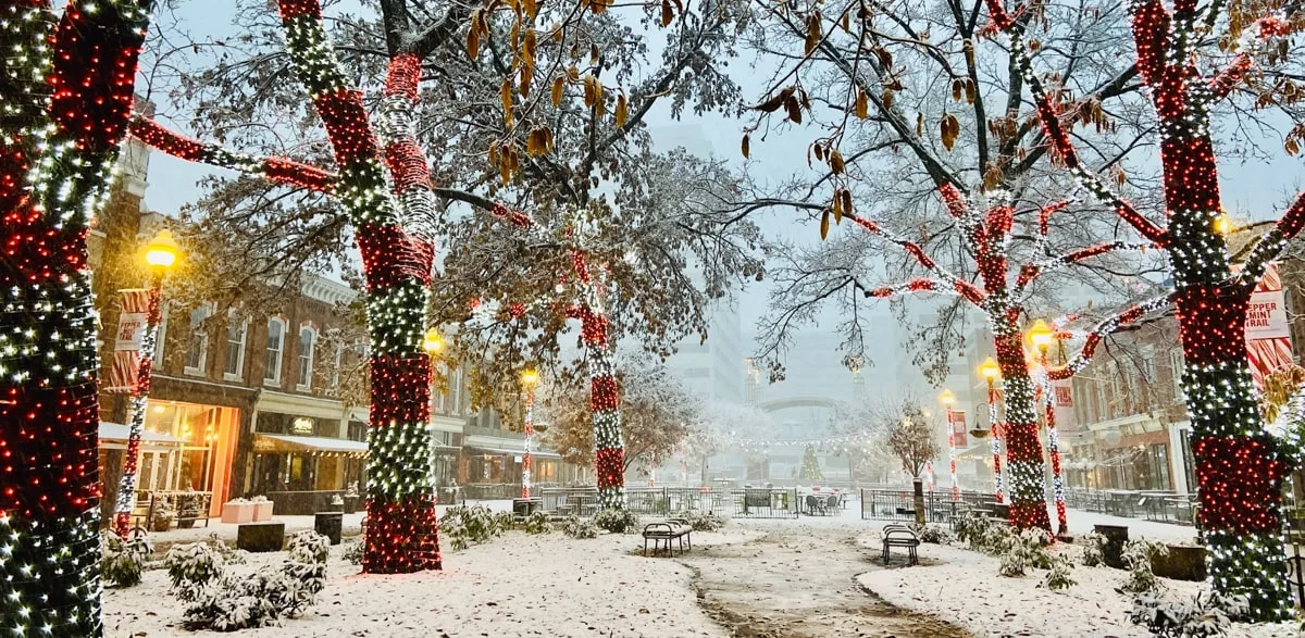 downtown knoxville in winter with snow and trees covered in holiday lights like candy canes