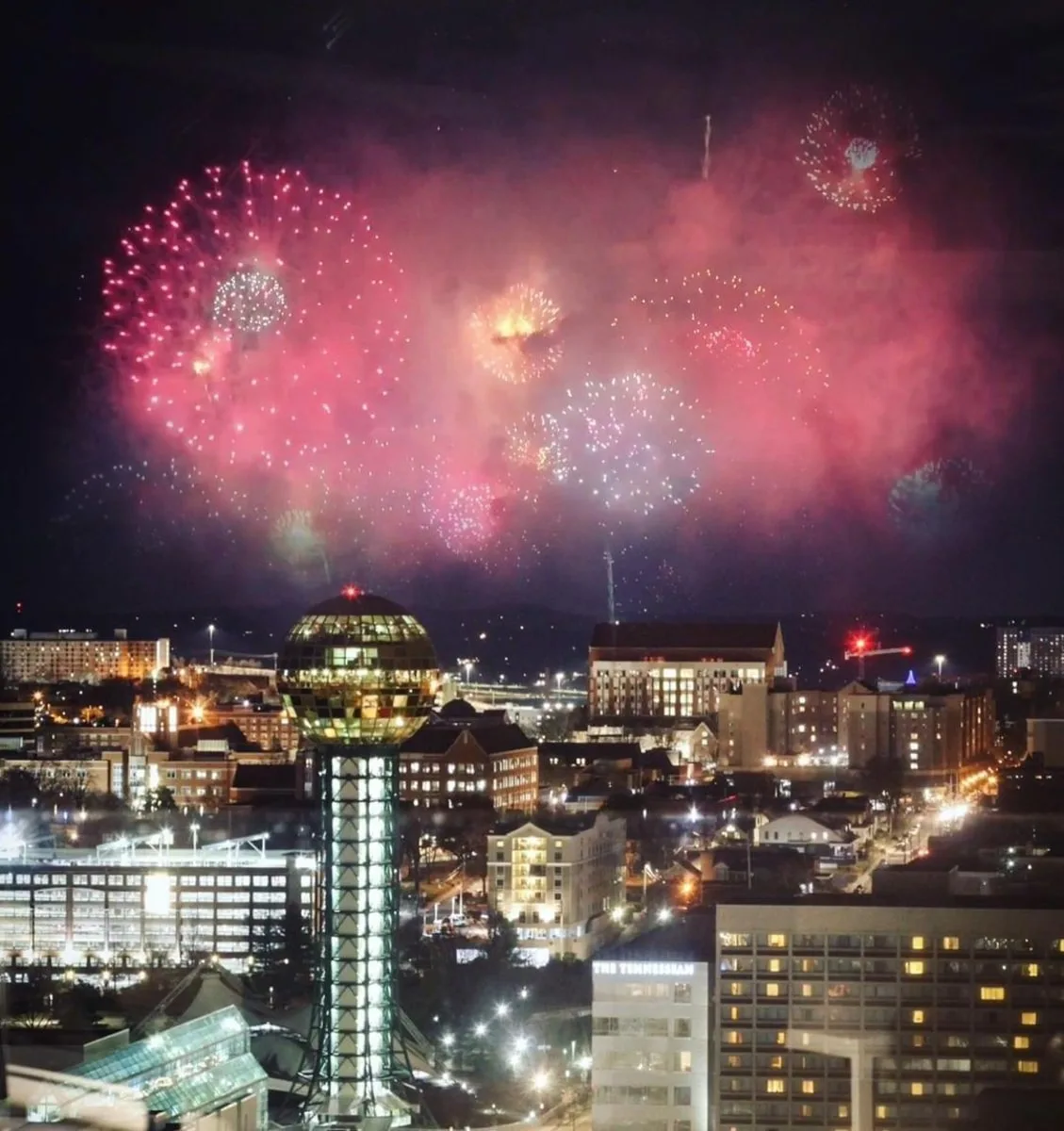 New Years with the KNoxville Sunsphere and fireworks in the background