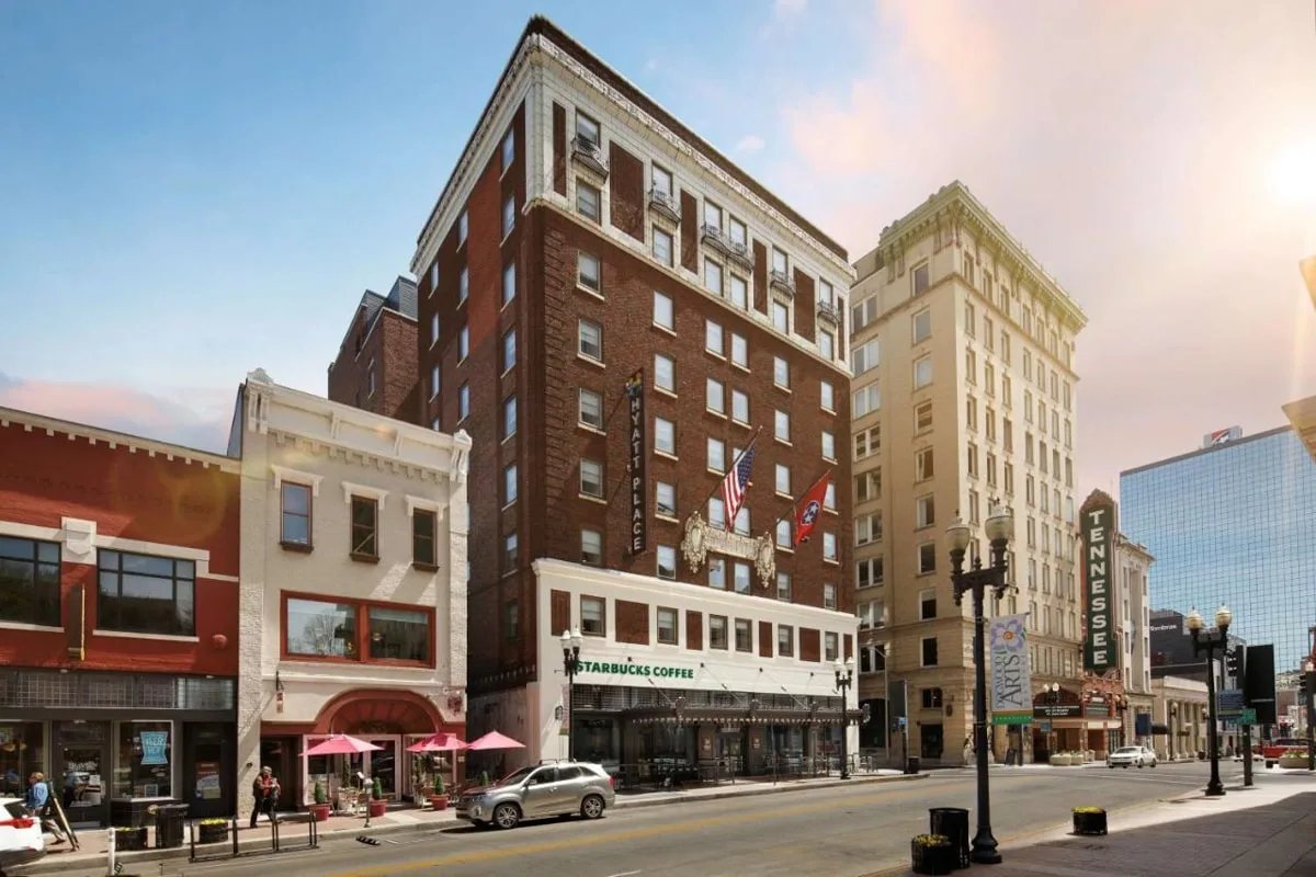 The Hyatt Place in downtown Knoxville with the Tennessee Theater and other buildings