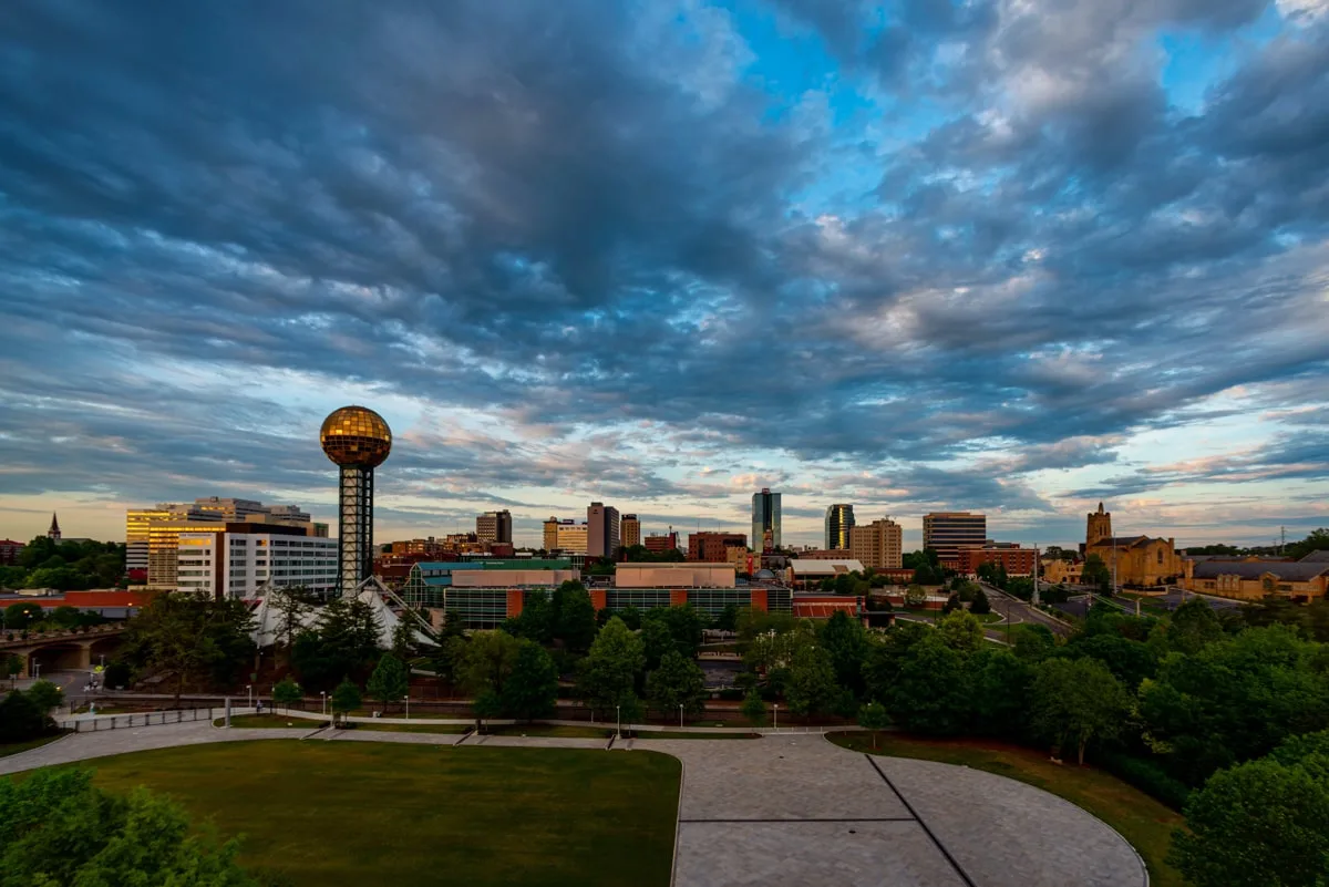 Sun settings over the Knoxville Skyline with the Sunsphere 