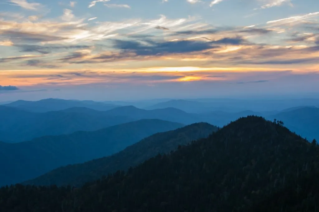 The blue hue of the Smoky Mountains with clouds and sunset