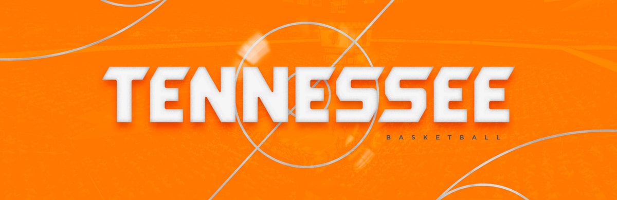 Logo saying Tennessee Basketball with orange basketball court background