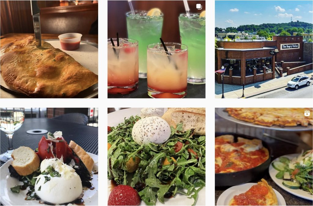 Screenshot of gallery Instagram images of The Angry Italian Restaurant dishes—pizza, salads, cocktails.