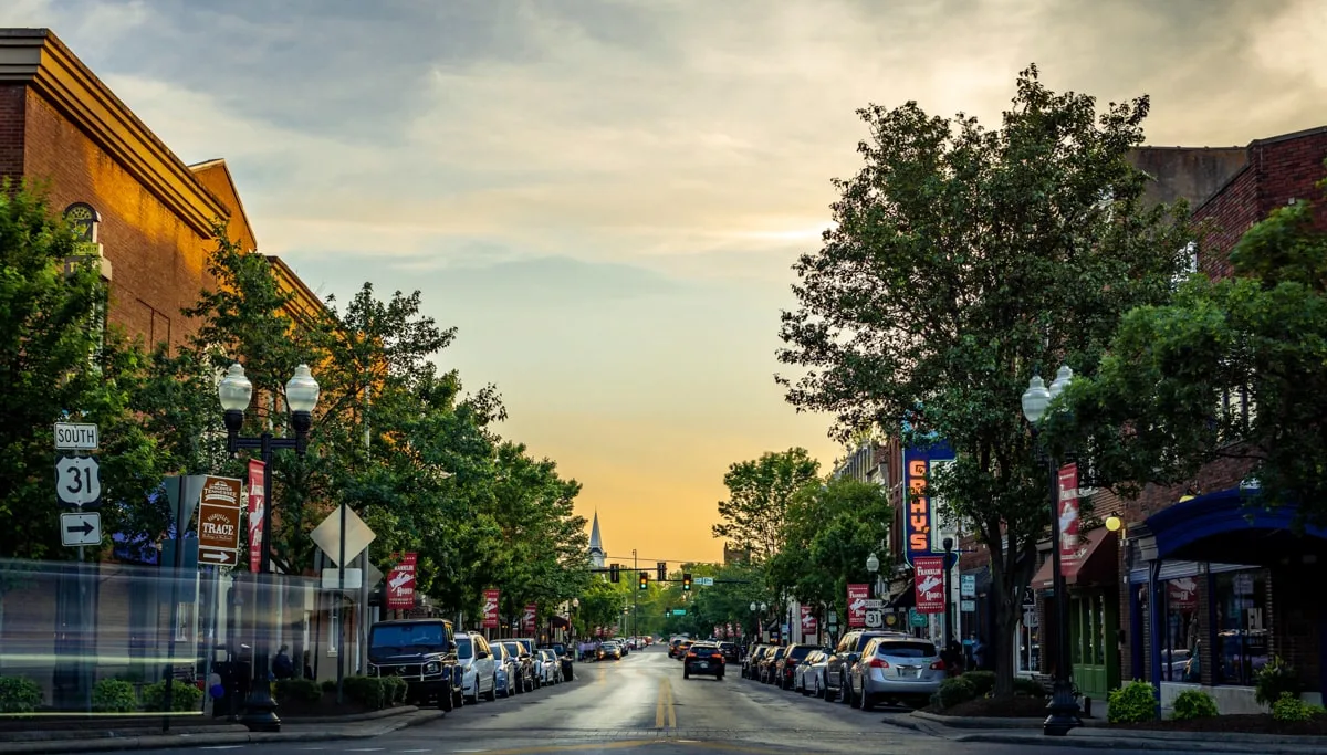 downtown franklin main street with sunset