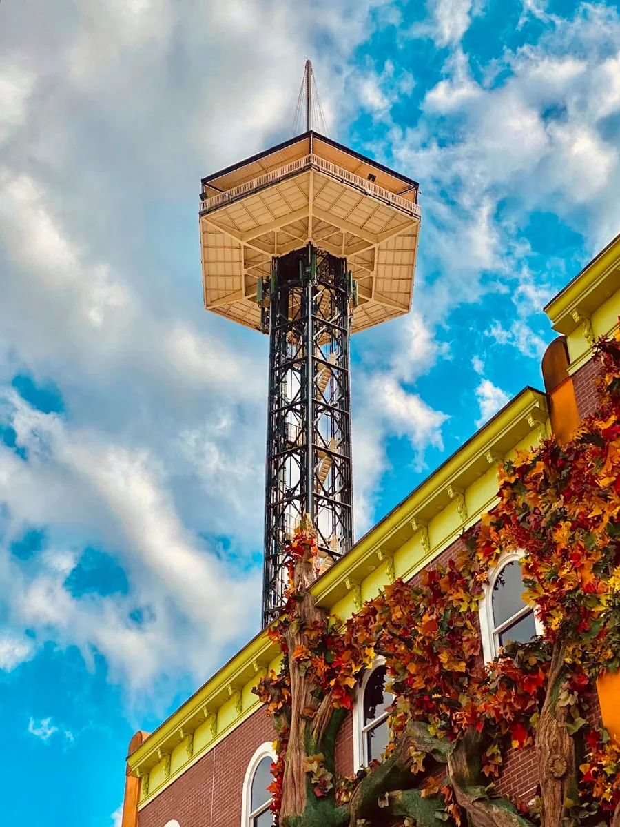 Gatlinburg Space Needle with fall foliage and blue skies 