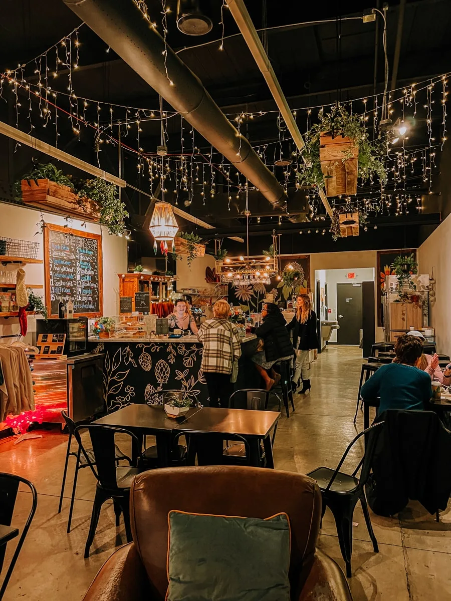 Cozy interior inside the Blues Brews Beer Garden taphouse and coffee shop in Johnson City, TN.