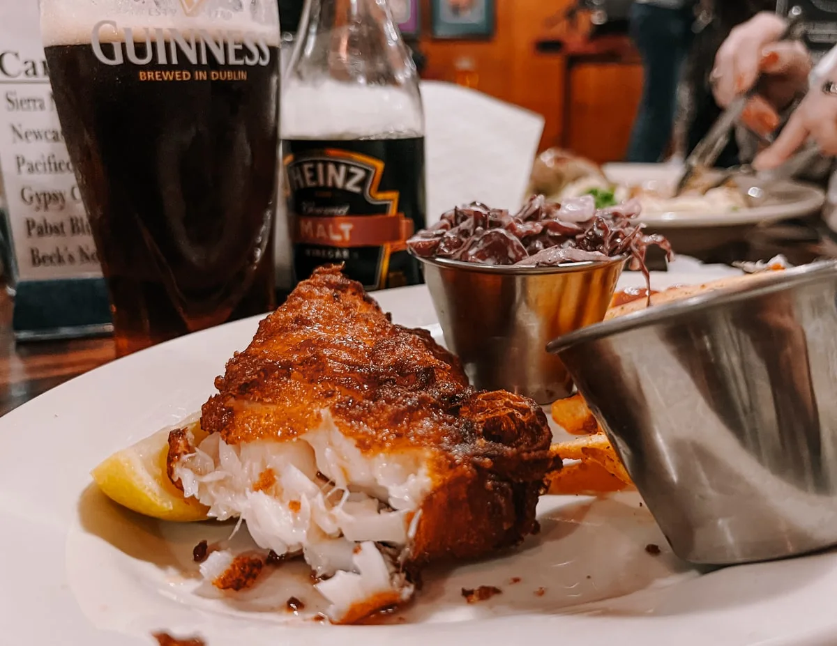 Fried cod and coleslaw with Guinness beer at Irish pub in Johnson City, TN.